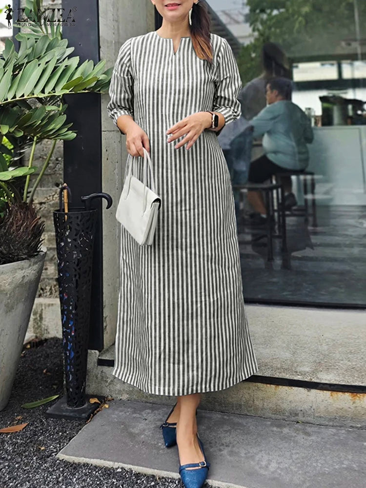 2025 Autumn Striped Dresses ZANZEA Fashion Women V Neck Long Sleeve Work Dress Elegant Office OL Sundress Maxi Long Vestido Robe