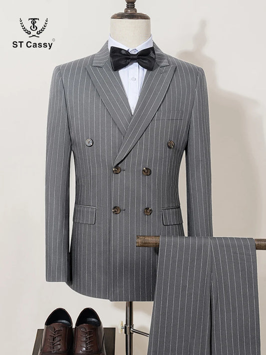 ST Cassy 高品質の男性用ストライプスーツ スリムフィット 高級男性服 エレガントなメンズスーツ ウェディングトレンドコスチューム