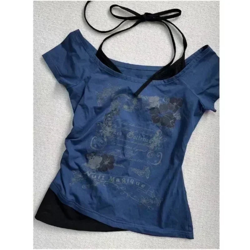 Vintage Clothes Women Print Sexy Punk Streetwear Slim Femme Tees Shirt Gothic Casual Grunge T Shirts 2000s Emo Y2k Crop Top