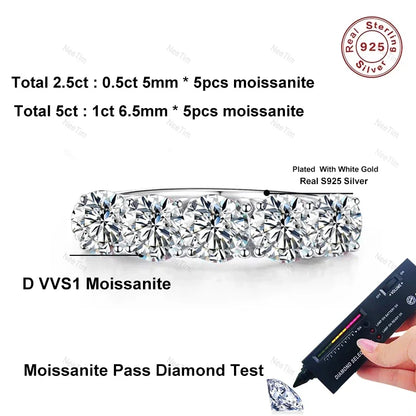 NeeTim 5mm 6.5mm Full Moissanite Ring for Women S925 Sterling Silver Eternity Sparkling Diamond Band Wedding Rings Jewelry