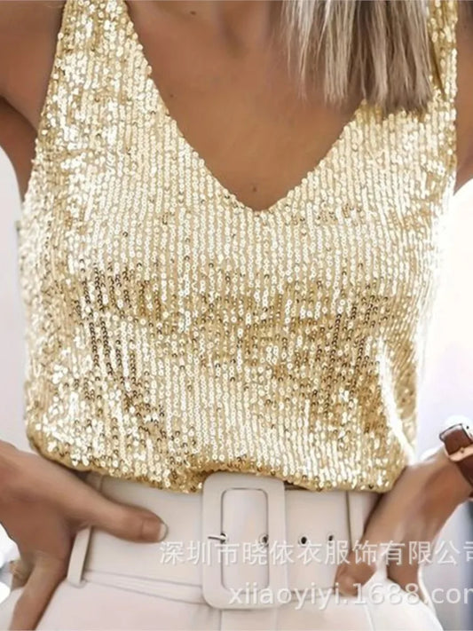 Women Vest Top Sequin Sexy Tops Vests Sleeveless V Neck Backless Camis Elegant Splice Casual Streetwear 2025 Fashion Tanks