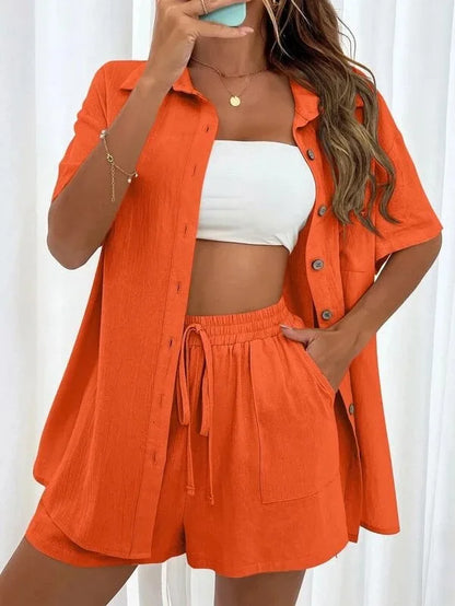 Long Sleeve Single breasted Top Broad legged Shorts Set Fashion Ladies Sexy Solid Suits 2024 Summer 2 Piece Outfits For Women