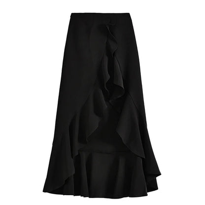 French fashion irregular temperament long skirt female summer new irregular split high waist Joker thin black casual big skirt.