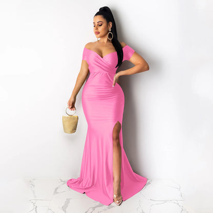2024Sold Maxi Elegant Luxury Designer Party Dresses Women Off Shoulder Evening Dress Mermaid V-Neck Pleated Backless Long Dress