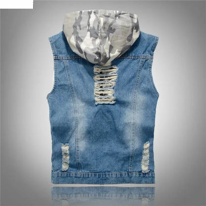 New  Men's Korean Style Vest Fashion Slim Camouflage Hooded Waistcoat Casual Sport Denim Vest Sleeveless Jackets for Men 5XL