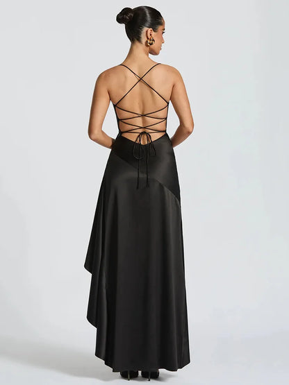 Articat Elegant Spaghetti Strap Satin Split Maxi Dress Women Sexy Backless Bodycon Party Evening Dress Summer Holiday Beachwear