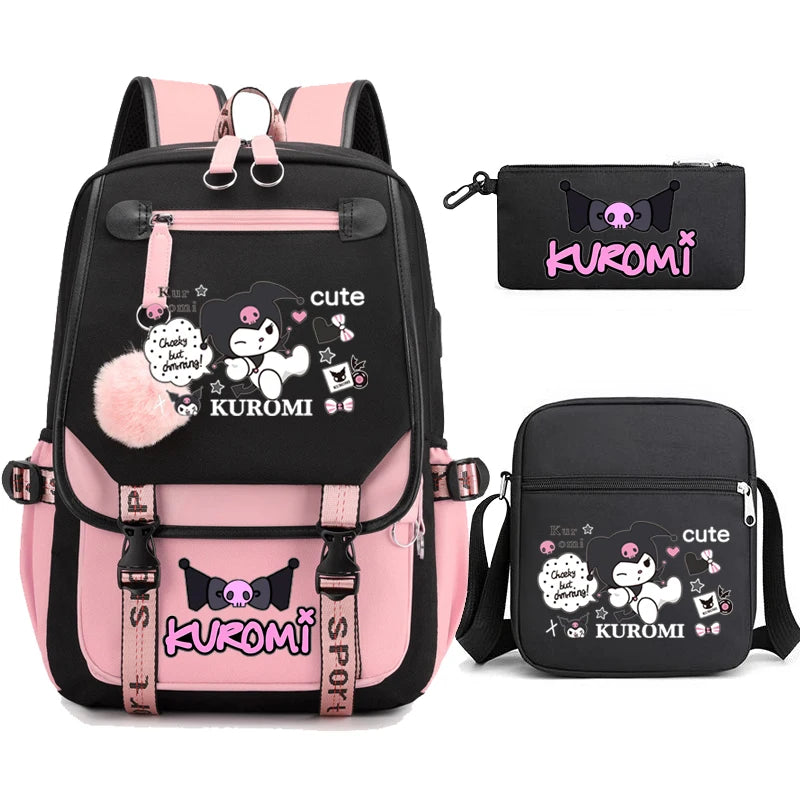 Kuromi Student Backpack 3pcs Cartoon Rucksack Girls School Bag High Capacity Women Backpack Female Cute Leisure Travel Mochilas