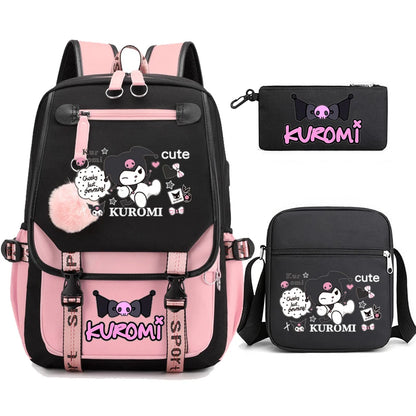 Kuromi Student Backpack 3pcs Cartoon Rucksack Girls School Bag High Capacity Women Backpack Female Cute Leisure Travel Mochilas