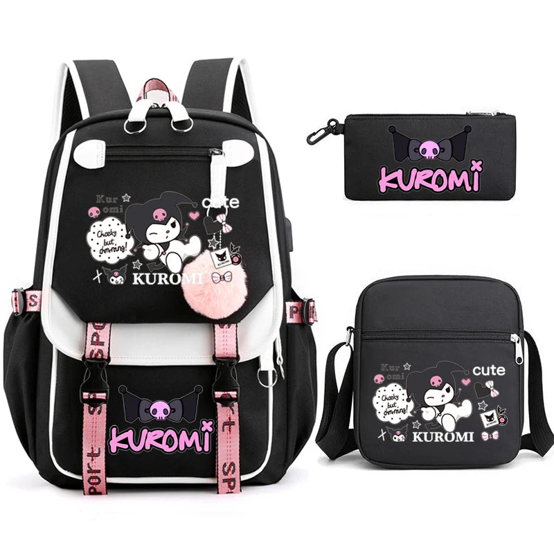 Kuromi Student Backpack 3pcs Cartoon Rucksack Girls School Bag High Capacity Women Backpack Female Cute Leisure Travel Mochilas