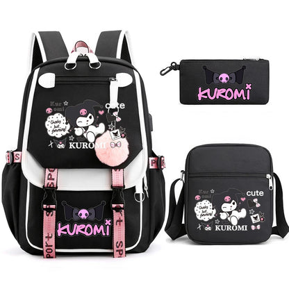 Kuromi Student Backpack 3pcs Cartoon Rucksack Girls School Bag High Capacity Women Backpack Female Cute Leisure Travel Mochilas