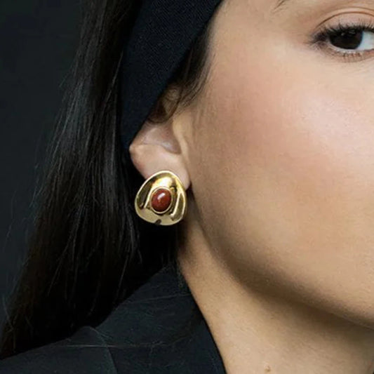 Uworld Vintage 18K Gold Color Plated Stainless Steel Red Resin Geometric Concave Surface Ear Studs Hunter Statement Studs сер