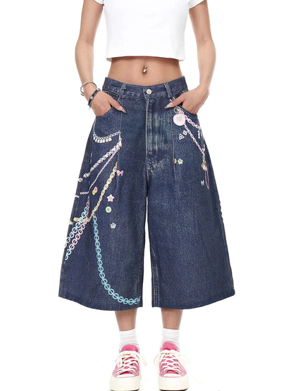 Chain Print Blue Jeans orts Men's Summer Loose Straight Leg Seven-Foot Pants Casual High Waist Corduroy Youth Faion