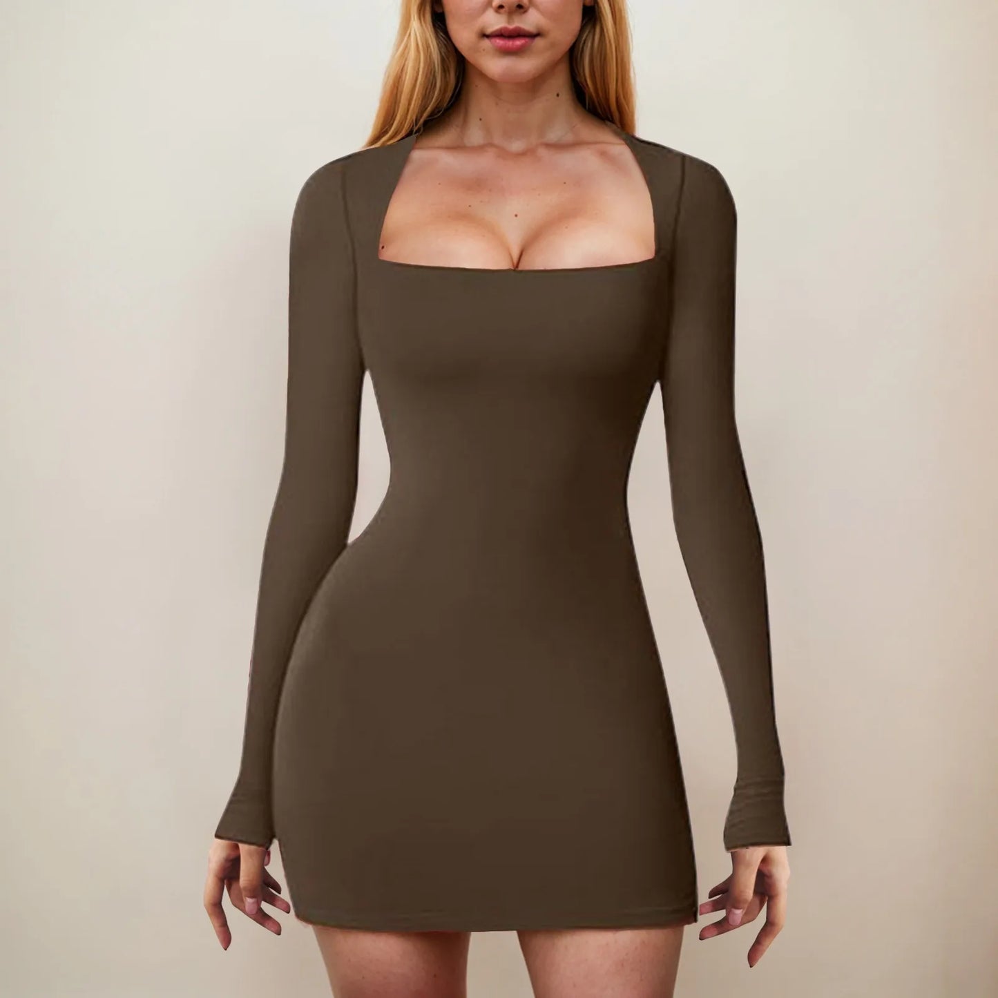 ファッション秋ワンピース レディース 新作ストリートウェア 長袖 スクエアカラー ミニドレス ブラック セクシーなバックレス 女性用 カジュアルスリムドレス
