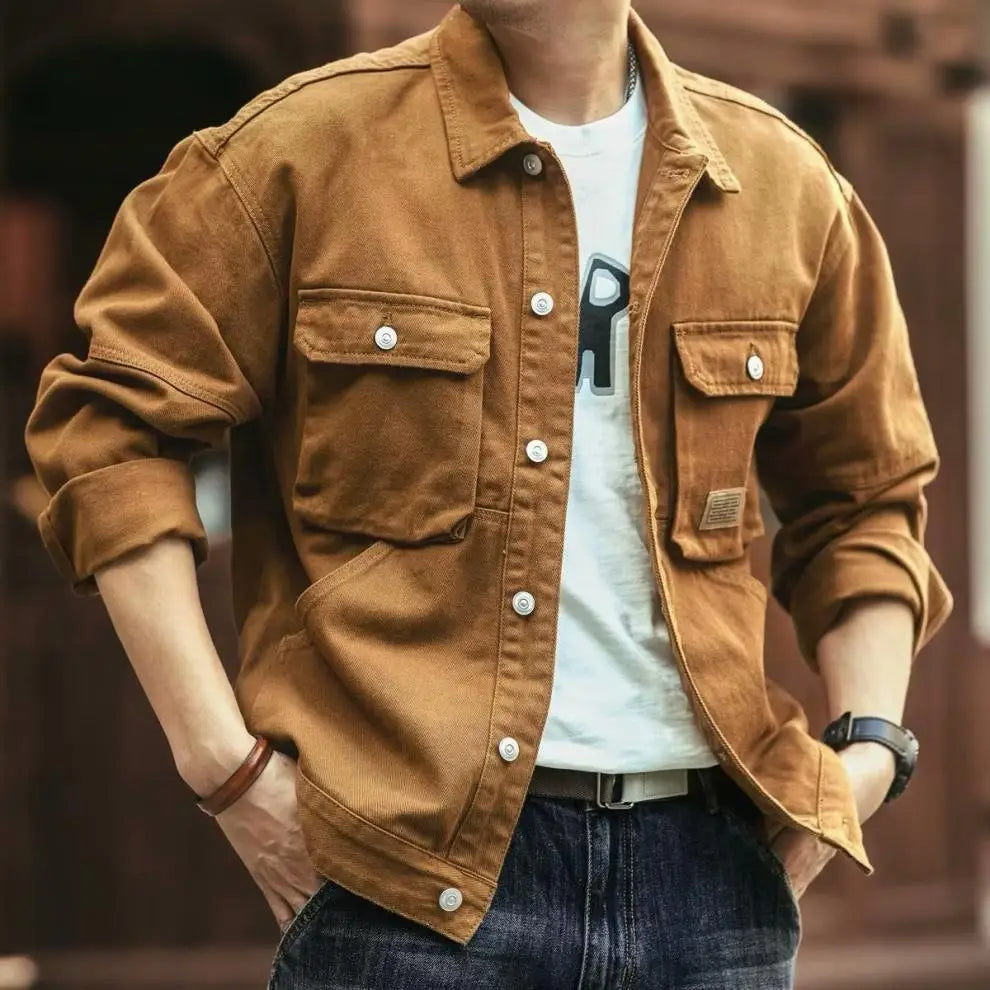 American Retro Denim Jacket Men's Autumn and Winter Trendy Brand Heavyweight Washed Lapel Jacket Trendy and Cool French Workwear