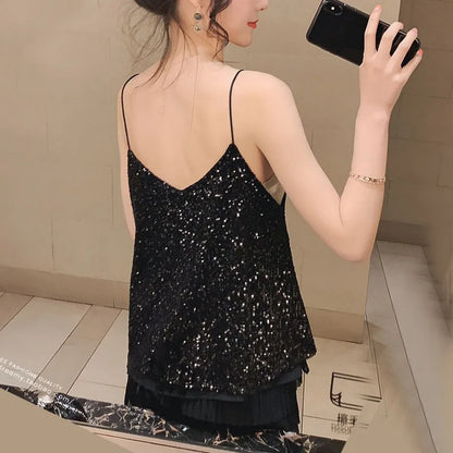Women's Loose Casual Sequined Camisole Vest V Neck Shiny Sexy Sparkling Basic Top Fashionable Versatile Summer Top