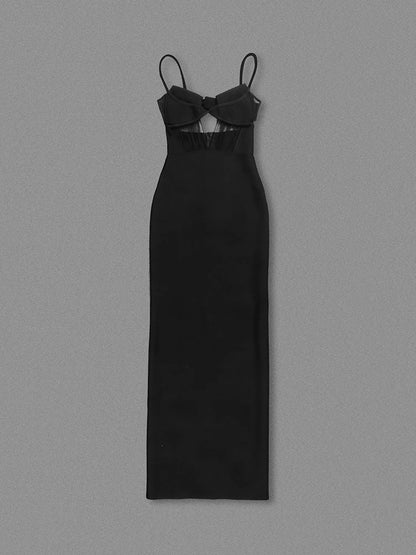 Sexy Spaghetti Strap Mesh Patchwork Hollow Out Bandage Dress Women Black Sleeveless V Neck Bodycon Dresses Evening Party Gowns