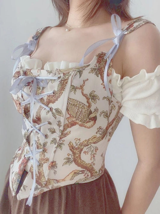 Sexy Design Vintage Print Halter Tops Women Chic Floral Pattern Corset Slim Vest Female Embroidery Elegant Party Club Camis New
