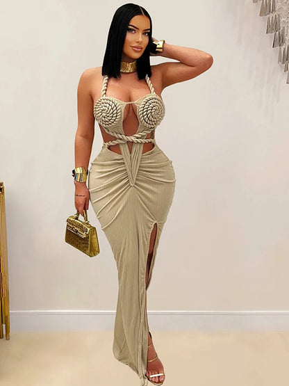 Beyprern Women's Cut-Out Ruched Maxi Dress Orange Sexy Halter Neck Backless High Slit Bandage Party Dresses Birthday Outfits