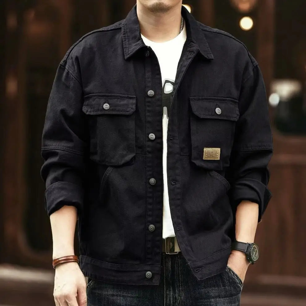 American Retro Denim Jacket Men's Autumn and Winter Trendy Brand Heavyweight Washed Lapel Jacket Trendy and Cool French Workwear