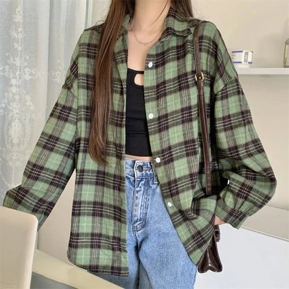 Women Tartan Shirt Long Sleeve Collared Button Up Oversized Plaid Shirt Jacket Grunge Fashion Teenage Girl Spring Summer Outfit