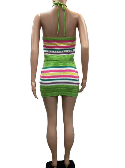Beyprern Elegant Striped Knitthing Two Piece Set Women Halter Lace-Up Crop Top + Matching Shorts Set Beach Swimsuits 2 Piece Set