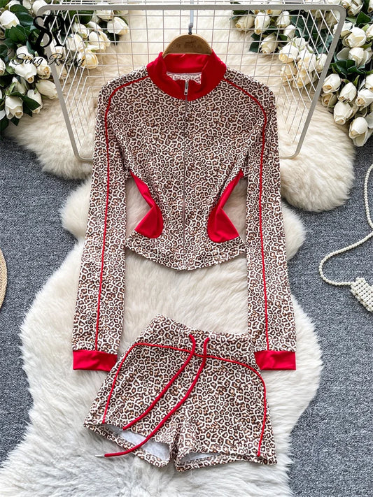 SINGREINY Sexy Leopard Two Piece Suits Female Stand Collar Zipper Slim Tops+Drawstring Mini Short 2025 Autumn Color Block Sets