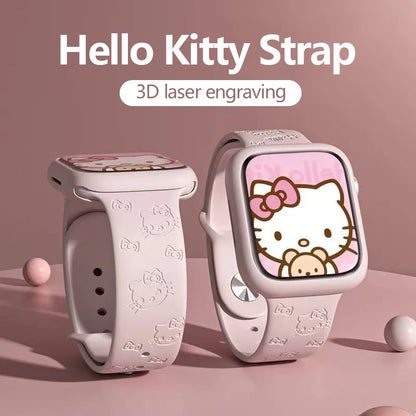 ハローキティとスティッチのシリコンバンド、Apple Watch用、38-45mm、Saniro製、3Dレーザー彫刻、iWatchシリーズSE、7、5、6、8、9、Ultra 2対応