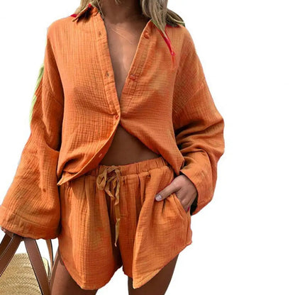 2 Pcs/Set Women Blouse Pants Set Solid Color Turn-down Collar Elastic Waist Deep Crotch Fall Shirt Shorts Suit Female Clothes