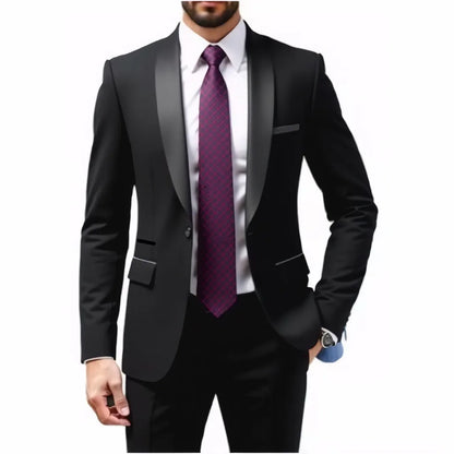 A Two-piece Suit for Men with A Green Collar, A Wedding Suit for The Groom, A Fitted Black Best Man's Suit, and A Wedding Dress