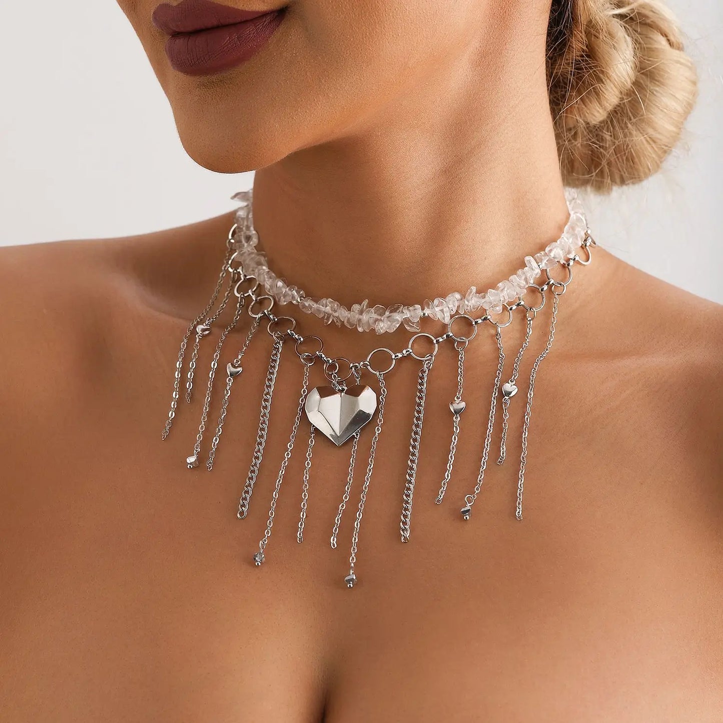 Fashion Heart Beaded Necklace for Women Boho Elegant Irregular Crystal Chain Y2K Choker Exquisite Party Gift Jewelry Accessories