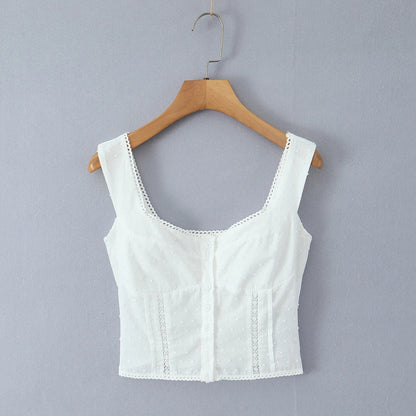 2025 Summer Plain White 3D Dot Sleeveless Tank Women Open Buttons Slim fit Elastic Back Tank Top Crop Tops