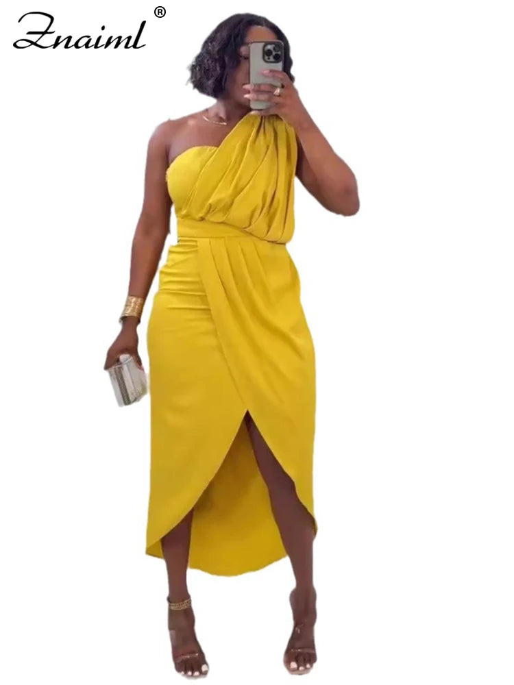 Znaiml Elegant Yellow Wedding Party Dresses Women One Shoulder Sleeveless Ruched Split Bodycon Evening Prom Birthday Gown Robe