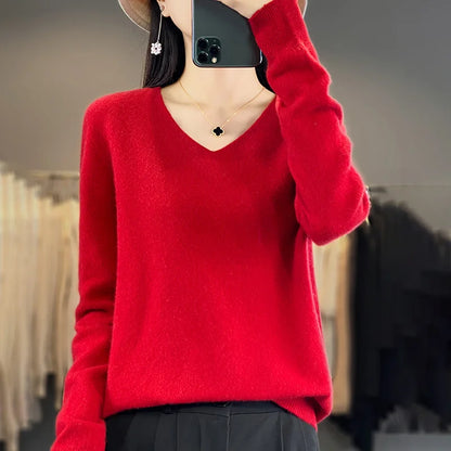 Women 100% Merino Wool Sweater V-Neck Basic Pullover Autumn Winter Cashmere Clothing Long Sleeve Soft Knitwear Tops Solid Color