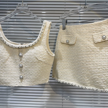 Women's Elegant Two Pieces Tweed Pearls Skirt Set Lady High Street Sexy O Neck Sleeveless Crop Tank Top + Minis Kirt