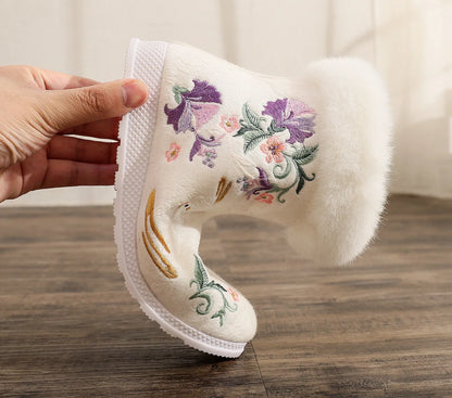 ファッション冬用ブーツ レディースシューズ エスニックスタイル 刺繍入りショートブーツ レディース 暖かいスノーシューズ 女性用 アンティークダンス フラットブーツ