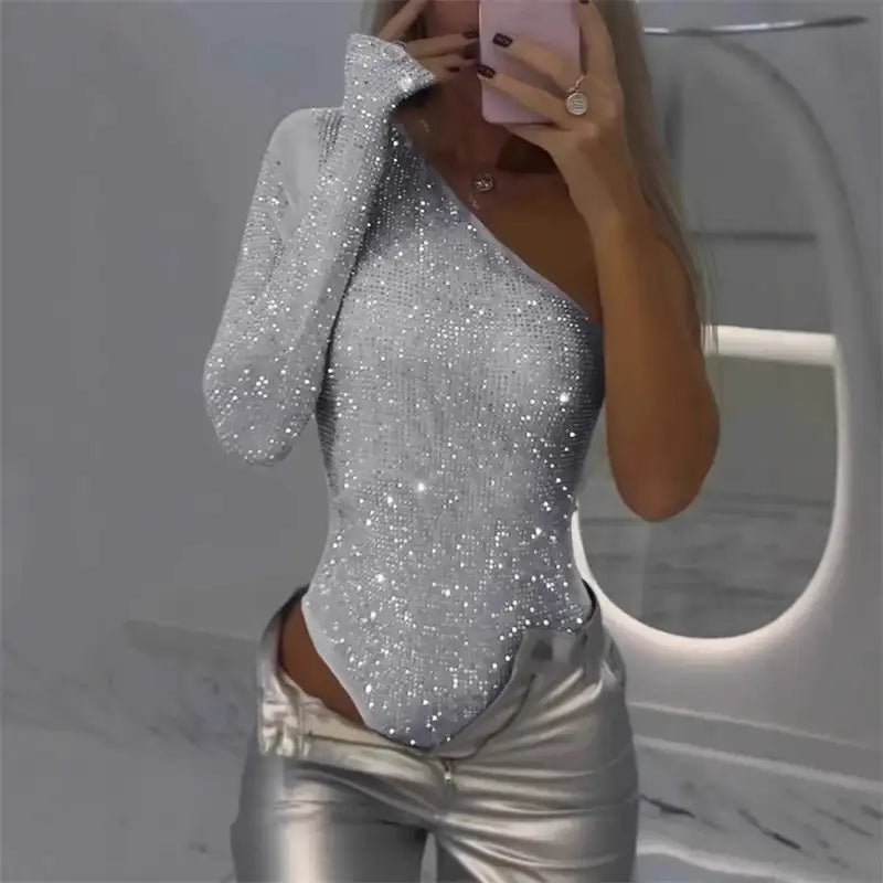Women's One Shoulder Sequin Bodysuit Sexy Glitter Asymmetric One Shoulder Rhinestone Sequin Top Women's Bodysuit