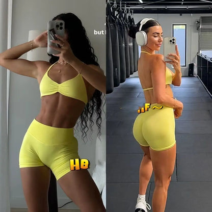 Gym Set Women Two Piece Strappy Yoga Bra Top Workout Scrunch Shorts Suit Fitness Clothes Seamless Sportswear Workout Set