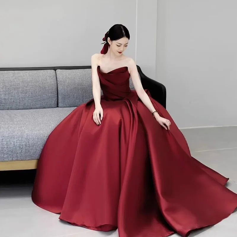 party dresses women evening satin strapless host evening dress female banquet temperament bride toast wine red black prom dress