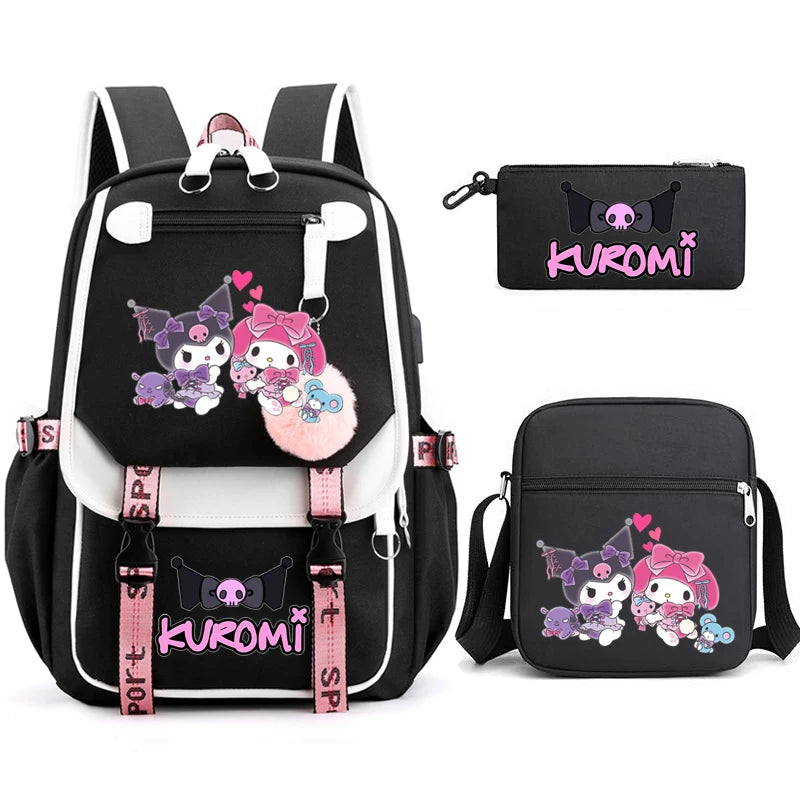 Kuromi Student Backpack 3pcs Cartoon Rucksack Girls School Bag High Capacity Women Backpack Female Cute Leisure Travel Mochilas