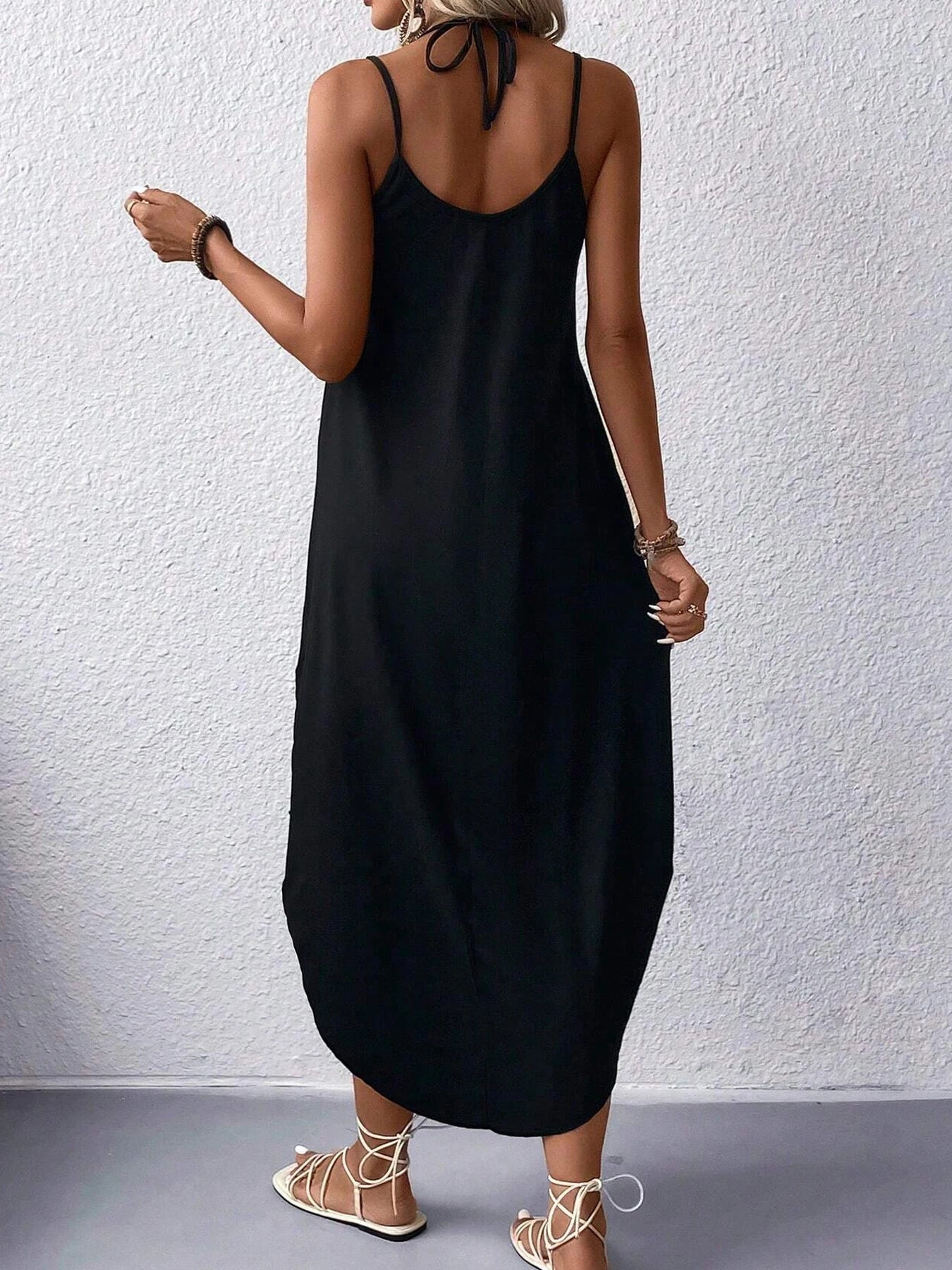 The Sun, the Moon and the stars Curvy Hem Cami Dress, Sexy Sleeveless Spaghetti Strap Loose Maxi Dress, Women's Clothing