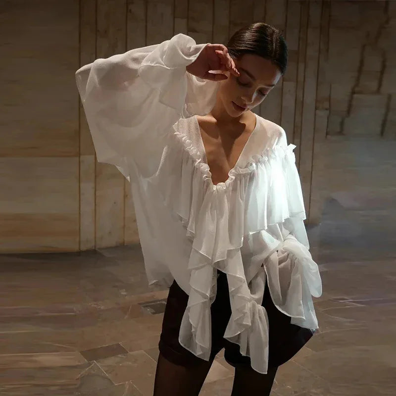Talenza White Chiffon Shirt Women's Summer V-Neck Sexy See Through Shirt Beach Blouse Fashion Ruffle Patchwork Female Blouse Top