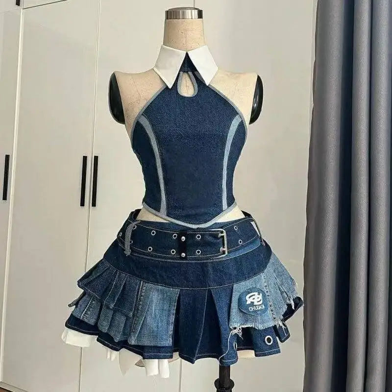 Punk Style Vintage Elegant Y2K Woman 2 Piece Sets Gothic Sleveless Crop Tops +High Waist Ruffle Skirt Female Party Chic Outfits