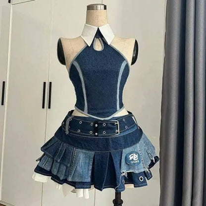 Punk Style Vintage Elegant Y2K Woman 2 Piece Sets Gothic Sleveless Crop Tops +High Waist Ruffle Skirt Female Party Chic Outfits