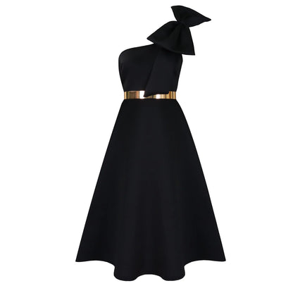French One Shoulder A Line Pleated Birthday Party Dresses Women Bow Sleeveless Belt Large Skirt Elegant Women's Party Dress