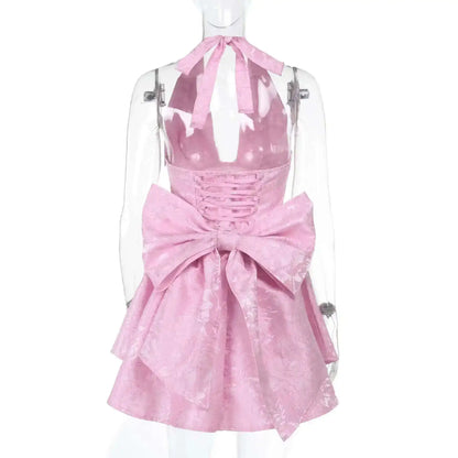 Giyu Club Evening Party Dresses Women 2025 Summer Sexy Bow Halter Long Dress Elegant Jacquard Lace Up Backless Birthday Robe