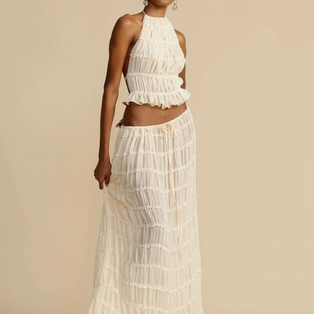 2024 Summer Party Elegant Women Beach Skirt Suit Sleeveless Backless Cropped Halter Lace Up Tops And Long Skirts Two Piece Sets