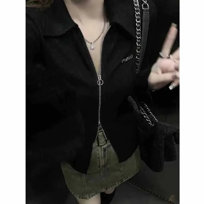 Lucyever Autumn New Black T Shirts Women Y2K Streetwear Zipper Crop Tops Woman Sexy Slim Turn Down Collar Long Sleeve Tees Lady