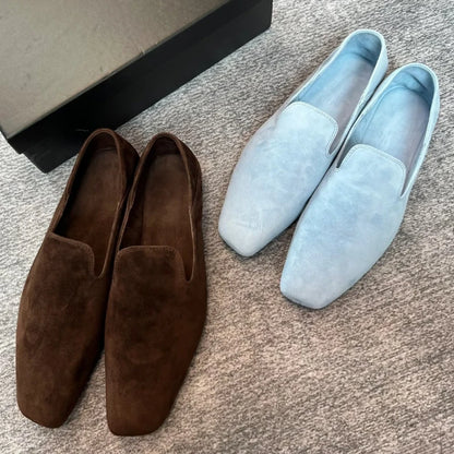 Loafers Woman Genuine leather Comfortable  Commuter Work Shoes Fashionable Summer Schoenen Dames Sliders Square Head Flat Shoes