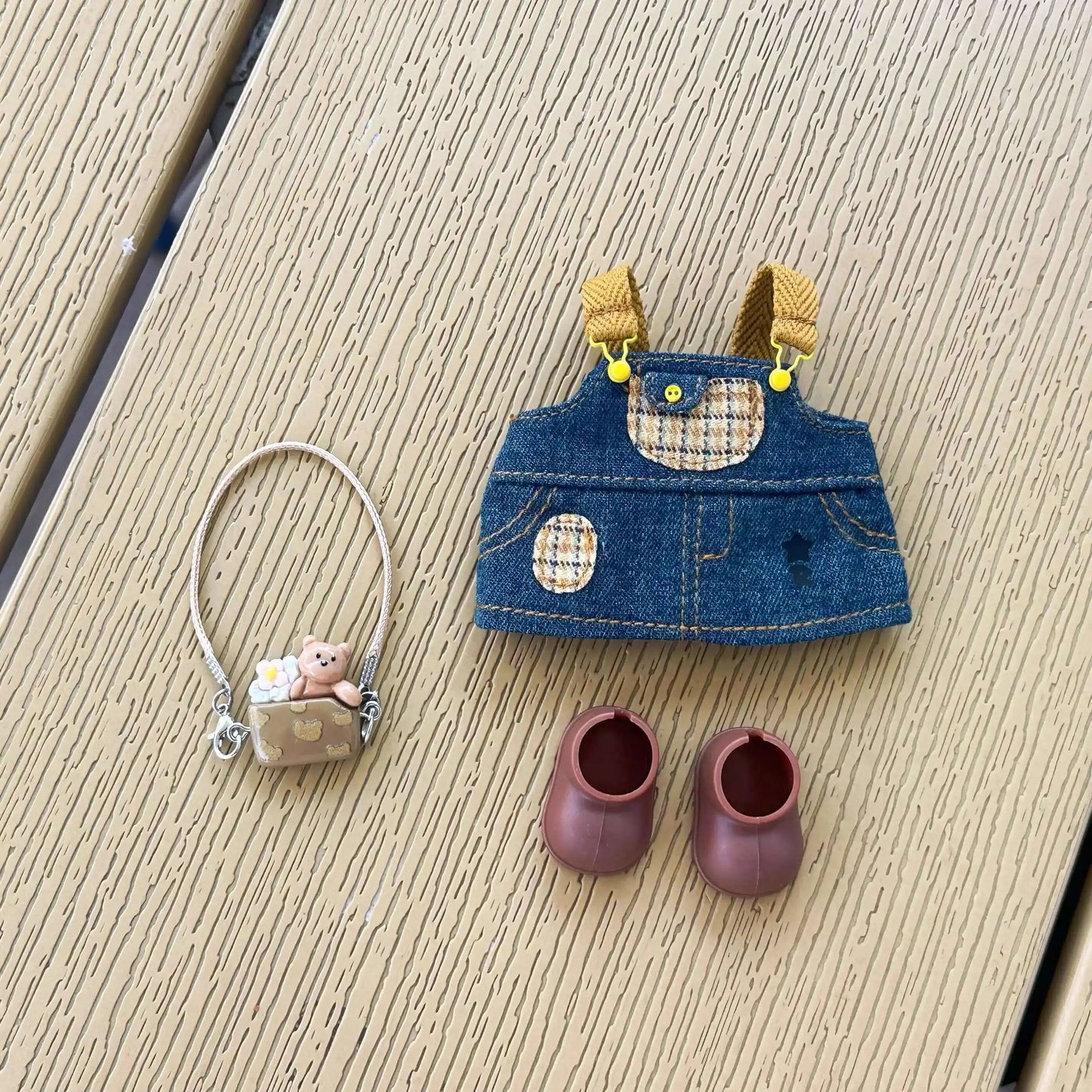 17cm Labubu Plush Doll Skirt- Adorable Skirt Set DIY Clothes Accessories Gift denim shoulder strap skirt Labubu straw hat skirt