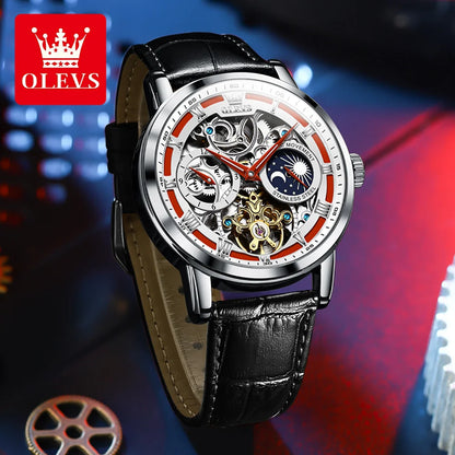 OLEVS Brand New Luxury Moon Phase Tourbillon Watch for Men Leather Strap Waterproof Fashion Skeleton Mechanical Watches Mens
